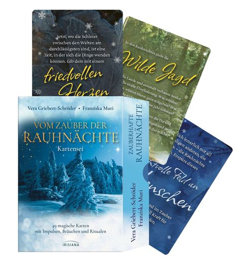 Kartenset „Vom Zauber der Rauhnächte“ mit Titeln wie „Wilde Jagd“ und „friedvollen Herzen“. Enthält Rituale und Impulse.