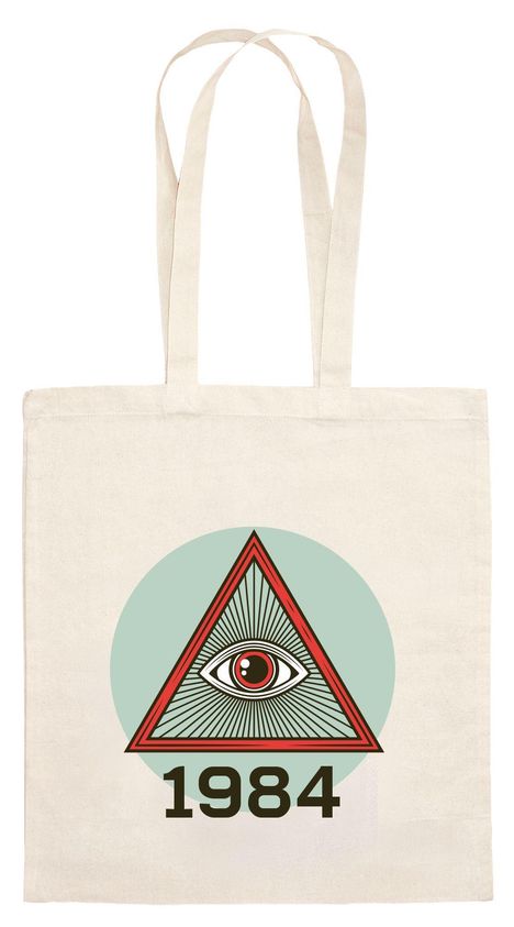 „1984“ unter einem Auge in einem roten Dreieck auf hellgrünem Kreis. Eine Einkaufstasche.