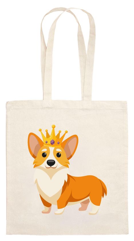 Illustration: Ein niedlicher Corgi mit einer Krone steht auf einer hellen Tragetasche.