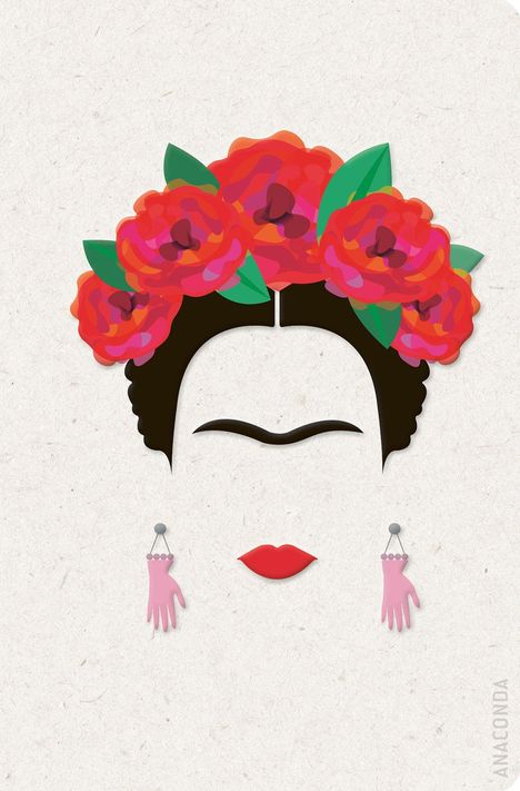 Die Illustration zeigt stilisierte Augenbrauen, rote Lippen, Ohrringe und Blumenkranz. Text: "ANACONDA".