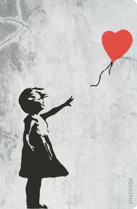 Text: "ANACONDA". Illustration eines Mädchens, das nach einem roten Ballon in Herzform greift, auf grauem Hintergrund.