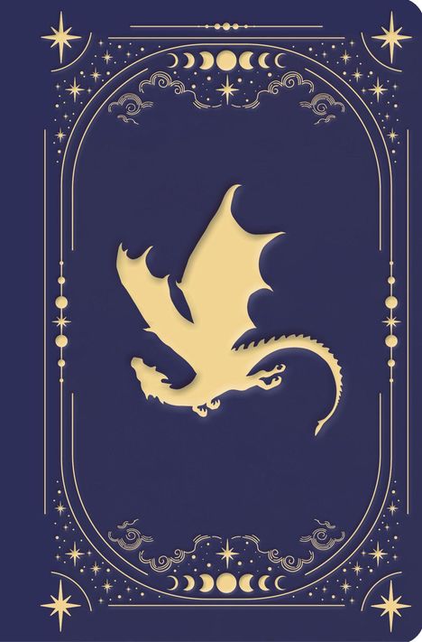 Ein Drache fliegt stilisiert in goldener Farbe auf blauem Hintergrund, umgeben von Sternen und Mondsichelphasen.