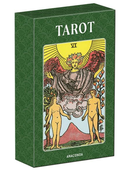 Text: "TAROT", "VI", "ANACONDA". Illustration: Engel über Adam und Eva mit Sonne im Hintergrund. Verpackung grün mit Muster.