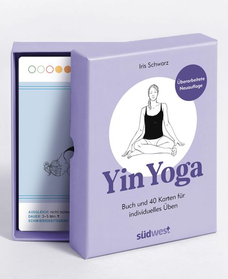 „Yin Yoga“ von Iris Schwarz, Buch mit Karten zum Üben, violette Box, Illustration einer meditierenden Person.