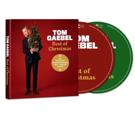 Cover mit "TOM GAEBEL Best of Christmas", CDs rot und grün sichtbar. Mann im Anzug hält Weihnachtsbaum.
