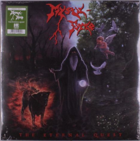 „The Eternal Quest“: Ein mystischer Kapuzenmann mit einem leuchtenden Ball, ein Engel, ein Hund und weiße Vögel im Wald.