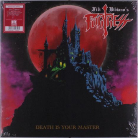 Text: "Death is Your Master". Illustration eines düsteren Schlosses auf einem Hügel vor einem blutroten Mond.