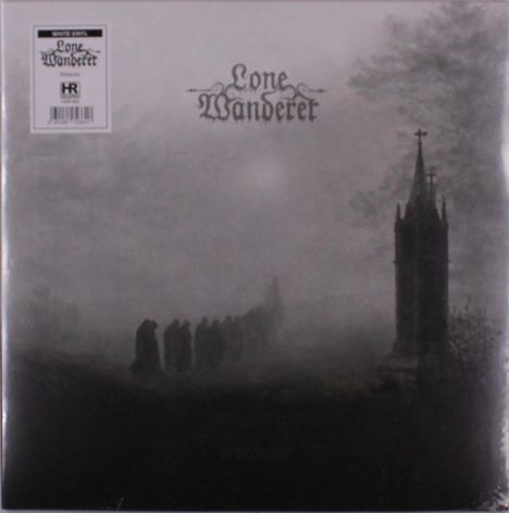 "Lone Wanderer" in gotischer Schrift, düsterer Nebel mit einer Gruppe von Personen und einem dunklen Turm im Hintergrund.