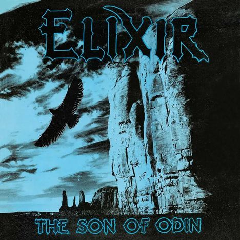 "ELIXIR" und "THE SON OF ODIN" in kühlem Blau. Ein Vogel fliegt vor felsiger Landschaft mit dramatischem Himmel.