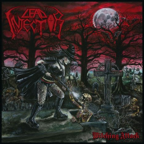 „Lead Injector Witching Attack“ oben in Rot. Düstere Illustration: Hexe und Skelett auf Friedhof bei Vollmond.