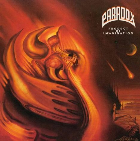 "PARADOX PRODUCT OF IMAGINATION" in Weiß auf einem surrealen, feurigen Hintergrund mit einem abstrakten Wesen.