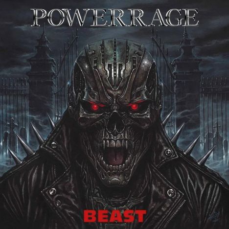 Text: "POWERRAGE" oben, "BEAST" unten. Ein bedrohlicher Cyborg-Schädel mit roten Augen in dunkler Umgebung.