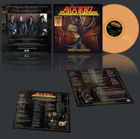 "Alcatrazz". Cover zeigt retro Schriftzug, elektrische Gitarre und orangefarbene Platte. Bandmitglieder abgebildet.