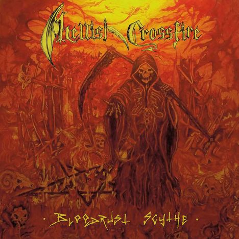 "Hellish Crossfire", "Bloodrust Scythe". Illustration mit Sensenmann in feurig-roter Landschaft.