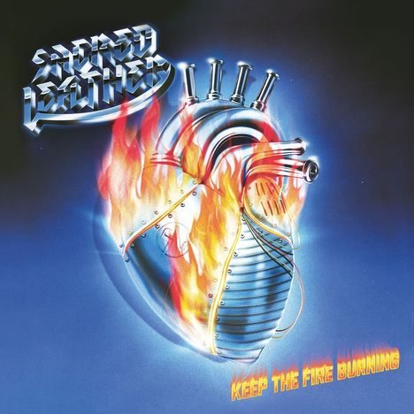 "Keep the Fire Burning" in flammender Schrift. Metallisches, feuerspuckendes Herz mit Löchern und Drähten auf blauem Hintergrund.