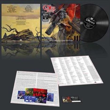 Albumgestaltung einer Schallplatte. Titel "Clutch". Illustration: Ritter und Drachen. Innen: Liedtexte und Bandinformationen.