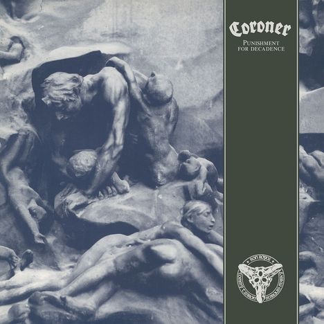 "Coroner" und "Punishment for Decadence" stehen auf einer Seite. Darstellung von ineinander verschlungenen menschlichen Figuren.