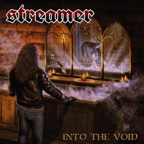 "streamer" oben, "INTO THE VOID" unten. Eine Person vor einem Spiegel; darin erscheint eine mystische Kreatur.