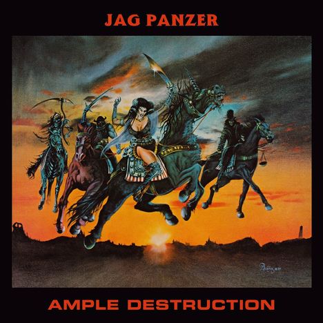 Oben steht "JAG PANZER", unten "AMPLE DESTRUCTION". Eine düstere Illustration von Reitern vor einem dramatischen Sonnenuntergang.