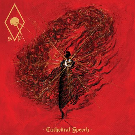 Text: "Cathedral Speech". Illustration mit rotem Hintergrund, zeigt eine dunkle, dramatische Gestalt mit strahlenden Elementen.