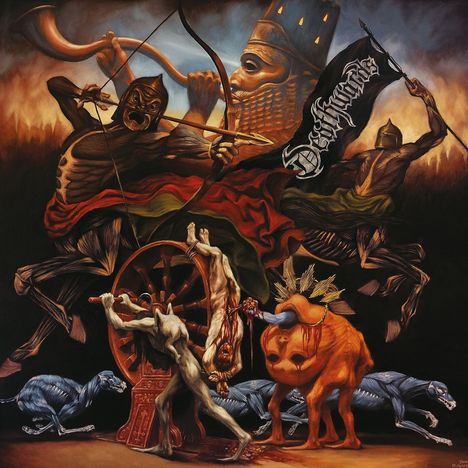 Text: "Destruction". Illustration: Krieger mit Pfeil und Bogen, groteske Kreaturen, gedeckte Farben, dynamische Posen.