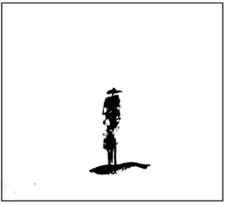 Keine erkennbaren Texte. Abstrakte schwarze Silhouette eines Mannes mit Hut auf weißem Hintergrund.