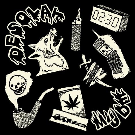 Text: "DESOLAS", "MUTE". Illustration mit Hund, Wecker (2:30), Feuerzeug, Mobiltelefon, Totenkopf, Pfeife, Cannabis.
