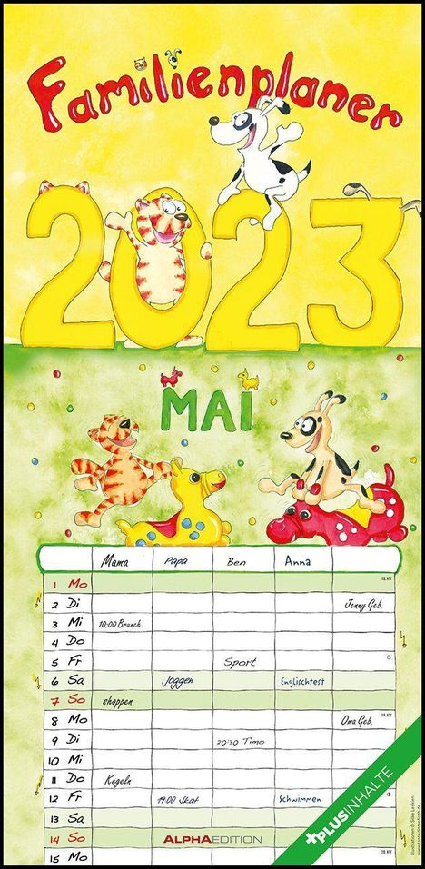 Familienplaner Cartoon 2023 - Familien-Timer 22x45 cm, Kalender
