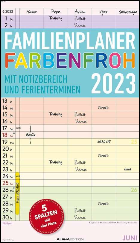 Familienplaner Farbenfroh 2023 mit 5 Spalten - Familienkalender 26x45 cm - Offset-Papier - mit Ferienterminen - Wandkalender - Wandplaner, Kalender