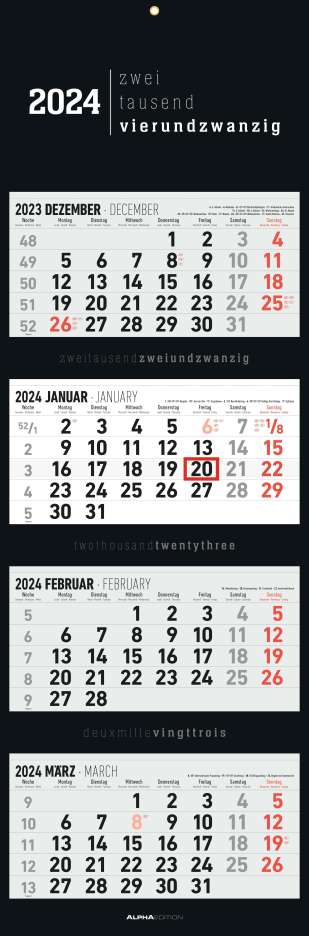 4-Monatskalender Black 2024 - Büro-Kalender 33x20 cm (geschlossen), 33x100 (geöffnet) - faltbar - mit Datumsschieber - Alpha Edition, Kalender