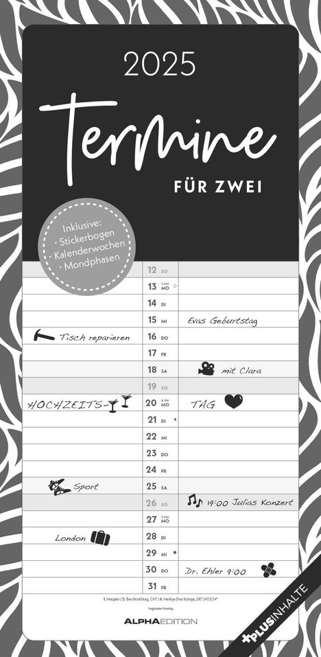 Termine für 2 Black and White 2025 Familienplaner - Timer - Termin-Planer - Couple-Kalender - Familien-Kalender - 22x45, Kalender