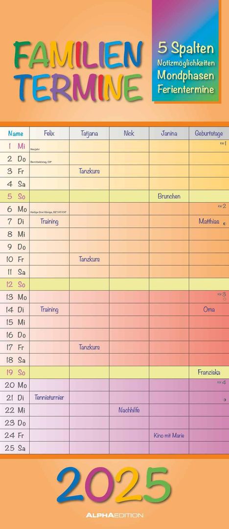 Regenbogen 2025 Familienplaner - Terminkalender - Familienkalender - 19,5x45, Kalender