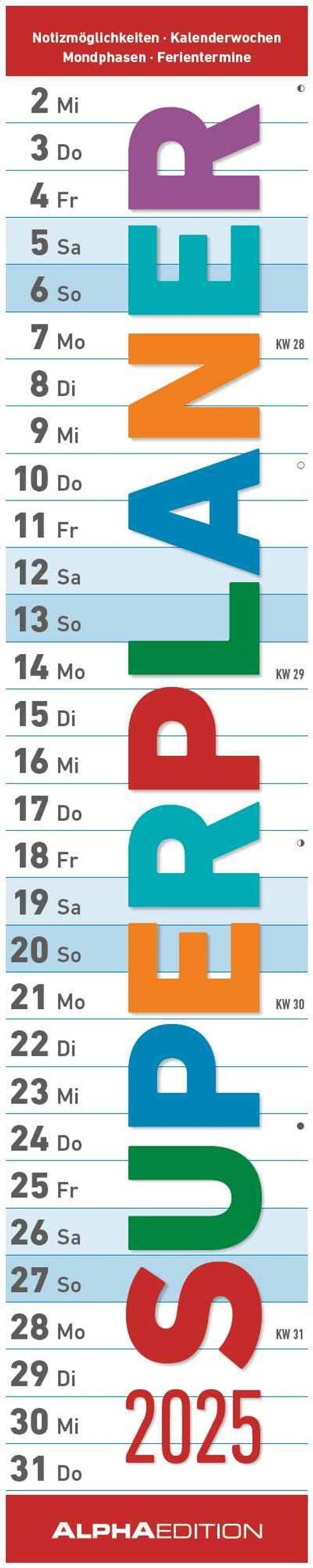 Superplaner 2025 - Streifenkalender 17x85 cm - mit Ringbindung - viel Platz für Notizen - Langplaner - Wandkalender - Küchenkalender - Alpha Edition, Kalender