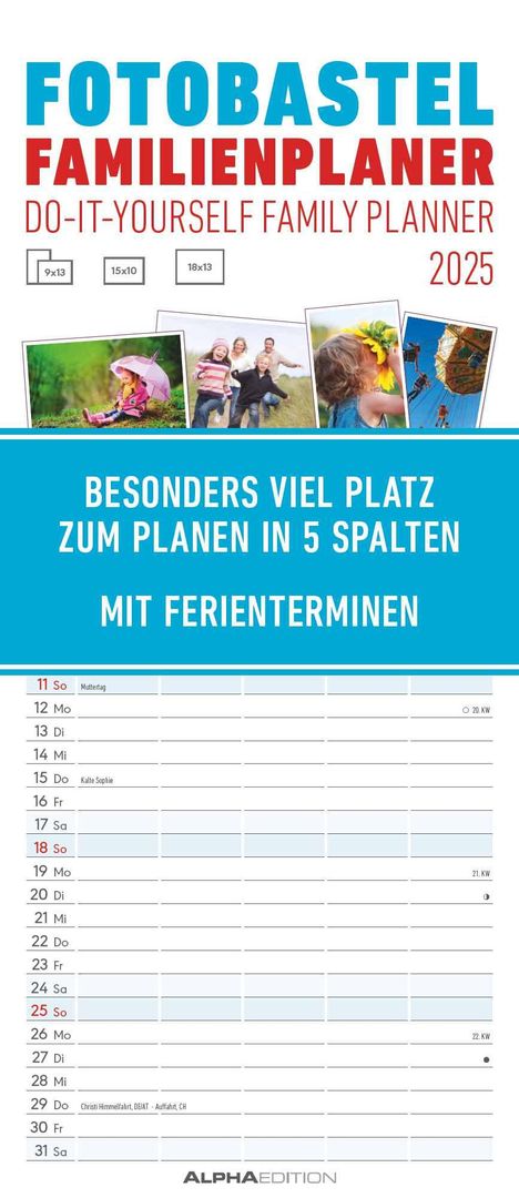 Foto-Bastel-Familienplaner 2025 - Bastelkalender zum Aufhängen - 19,5x45 cm - datiert - mit 5 Spalten - Fotokalender - Familienkalender - Wandkalender, Kalender