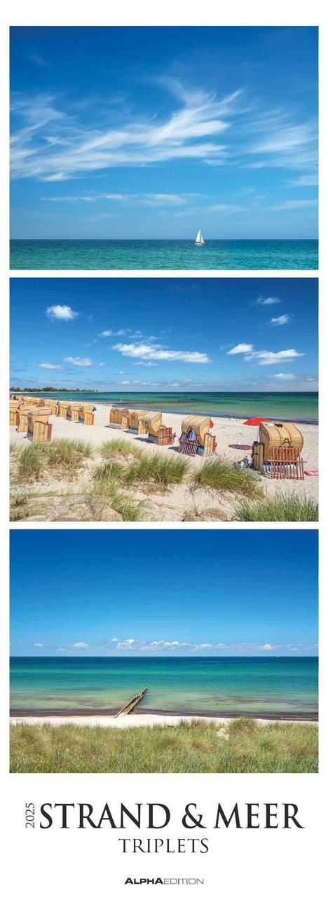 Strand &amp; Meer Triplets 2025 - Streifenkalender XXL 25x69 cm - Bildkalender im Hochformat - Wandkalender - Wandplaner - Strandkalender - Deutsche Küsten, Kalender