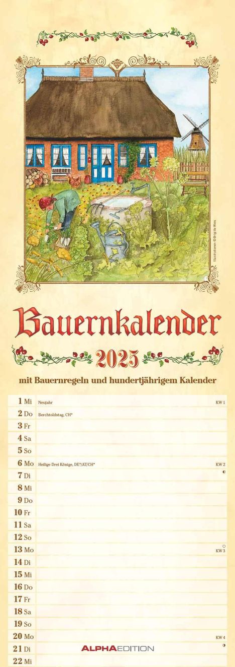 Bauernkalender 2025 - Streifen-Kalender 15x42 cm - mit 100-jährigem Kalender und Bauernregeln - Wandplaner - Küchenkalender - Alpha Edition, Kalender