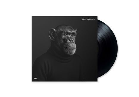 Text: "PROTOMENSCH", "F+T". Illustration eines Schimpansen im Rollkragenpullover auf einem Schallplattencover.