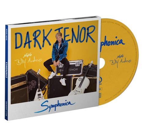 "DARK TENOR", "Billy Andrews", "Symphonica". Ein Mann sitzt auf Verstärkern mit Gitarren, vor gelbem Hintergrund. CD und Cover.