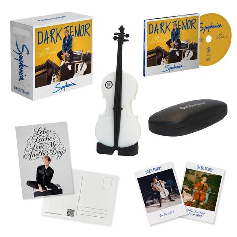 Texte: "DARK TENOR", "Symphonia", "Lebe, Lache, Love Me Another Day". CD-Hülle, Violinmodell, Etui und Postkarte.