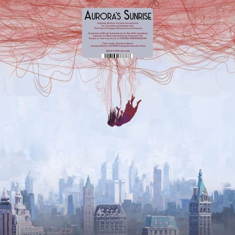 „Aurora's Sunrise“, Original Motion Picture Soundtrack. Eine Illustration zeigt eine Figur, die an roten Fäden hängt. Im Hintergrund ist eine Skyline.