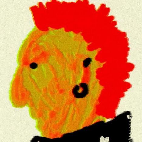 Gemälde einer bunten, stilisierten Silhouette eines Gesichts im Profil. Rote Haare, orange Haut, schwarzes Auge.