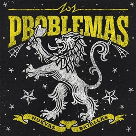 Text: "201 PROBLEMAS NUEVAS BATALLAS". Illustration eines Löwen mit Sternen und dekorativen Elementen auf schwarzem Hintergrund.