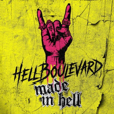 Text: "Hell Boulevard", "made in hell". Illustration: Schwarze, verzerrte Hand mit Hörner-Geste auf gelbem Hintergrund.