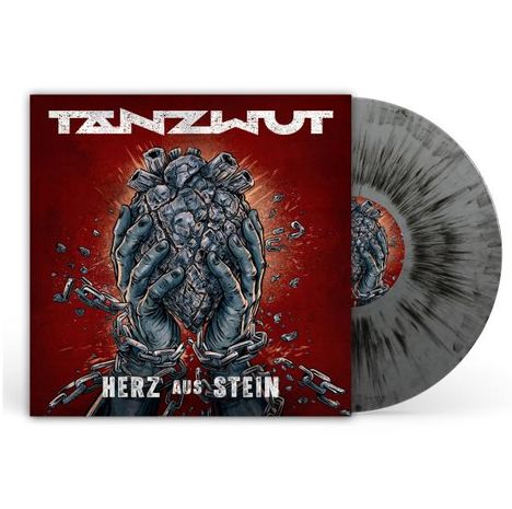 Oben steht "TANZWUT", unten "Herz aus Stein". Zwei Hände halten ein steinernes Herz, umgeben von zerbrechenden Ketten.