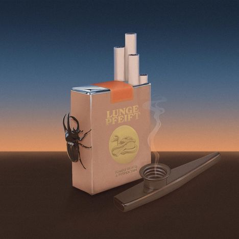 "LUNGE PFEIFT" und "TOMB3 BEATS & INSPEKTAH" auf einer Zigarettenschachtel mit Käfer. Rauchen steigt aus einer Pfeife.