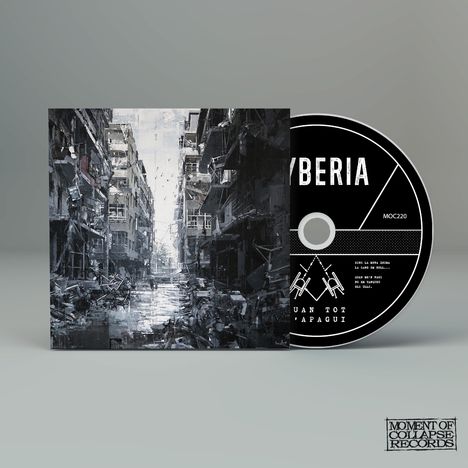 CD mit Text „SYBERIA“ darüber, Nummer „MOC220“. Illustration zeigt eine zerstörte Straßenschlucht mit Trümmern.