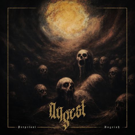 In der Mitte: "Angest". Unten links: "Perpetual", unten rechts: "Anguish". Dunkles, düsteres Gemälde mit schreienden Schädeln.