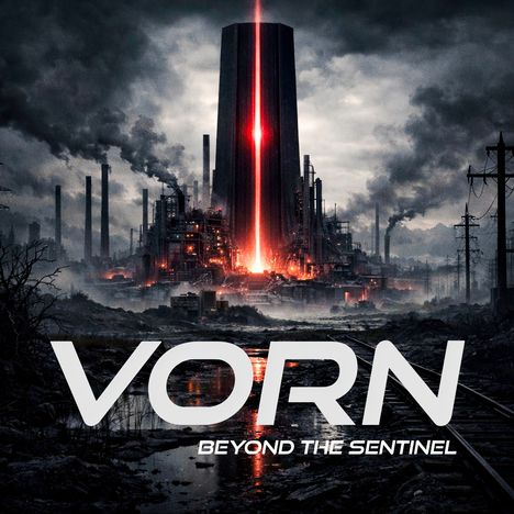 VORN, BEYOND THE SENTINEL. Eine düstere Industrielandschaft mit einem hohen Turm und rotem Licht in der Mitte.