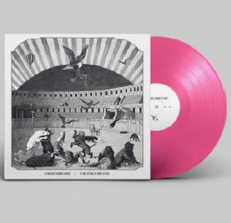 "Olympie Parade" und "Cosa Rara Excelsior". Rosa Schallplatte mit schwarz-weißer Illustration eines Amphitheaters und Tieren.