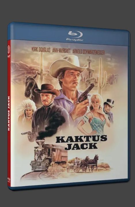 Text: "Kaktus Jack." Namen: Kirk Douglas, Ann-Margret, Arnold Schwarzenegger. Western-Szene mit Cowboy, Zug und Kutsche.